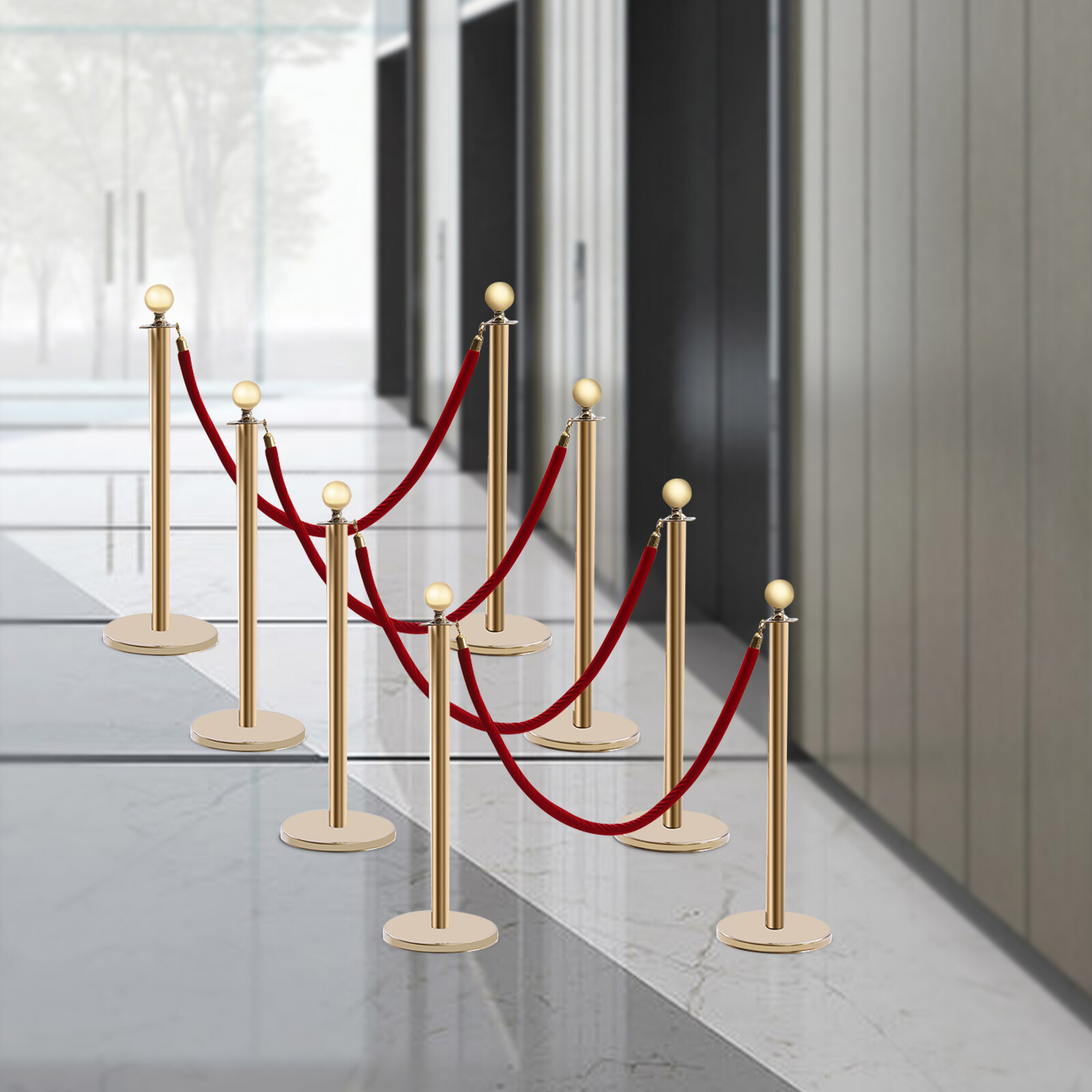 8 PCS Crowd Control Stanchion Gold Posts Set with Red Velvet Rope Queue Barrier