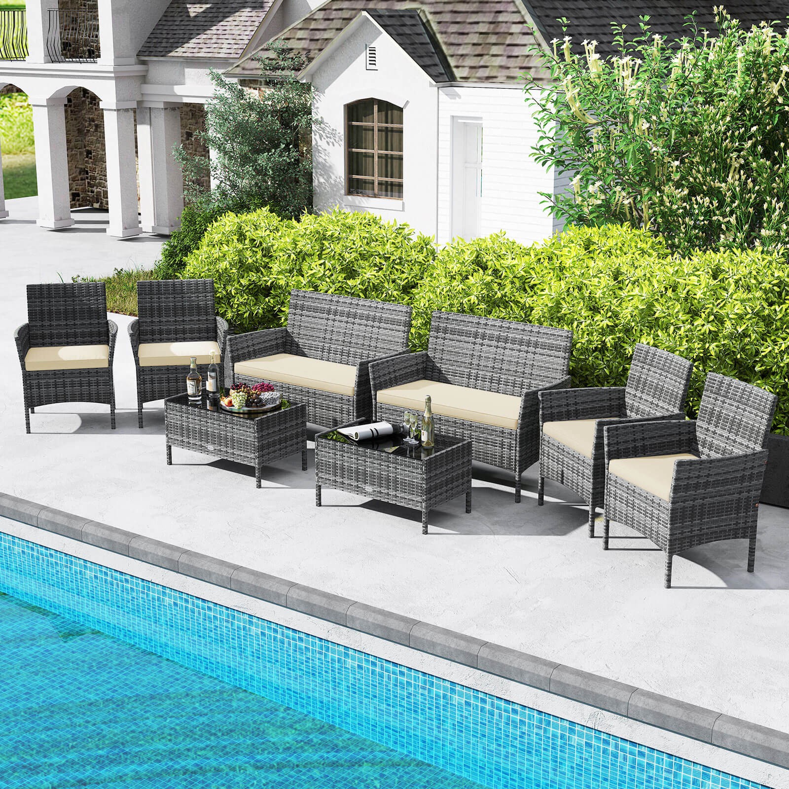 8 PCS Patio Furniture Set w/Washable Cushions and Tempered Glass Coffee Table
