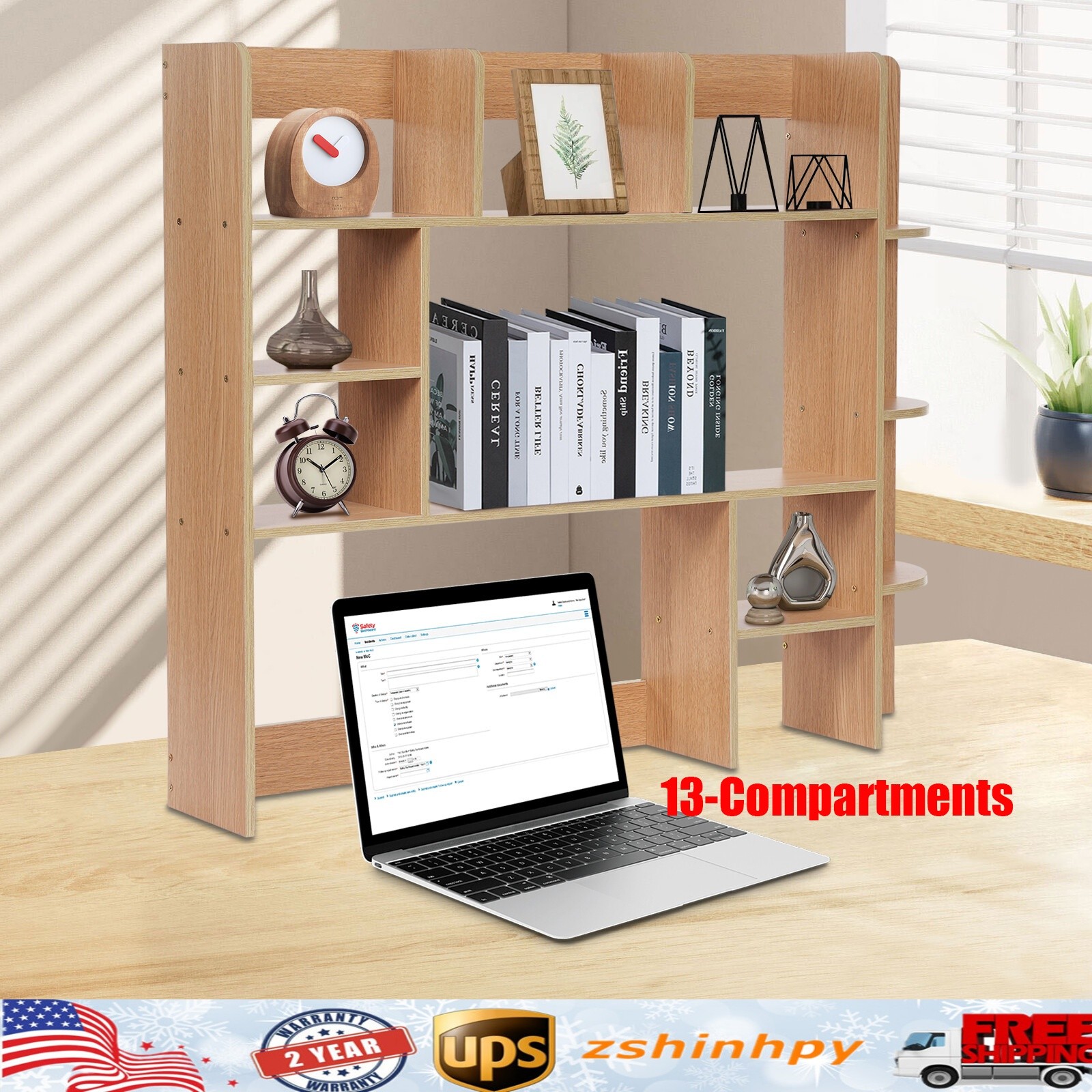 Desktop Bookshelf Storage Rack Computer Desk Shelf Display Organizer Wood Color