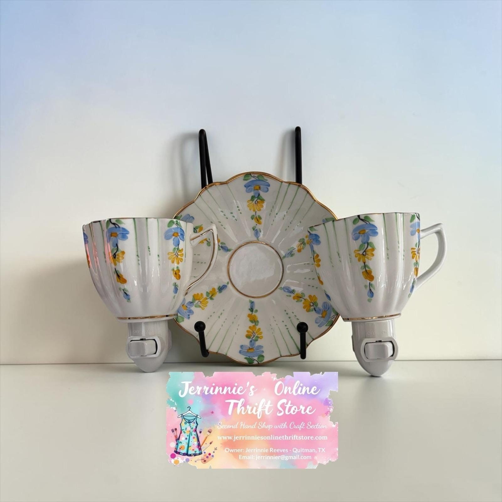 Vintage Floral Teacup Night Light Set of 2 Porcelain Cottagecore Wall Plug-In