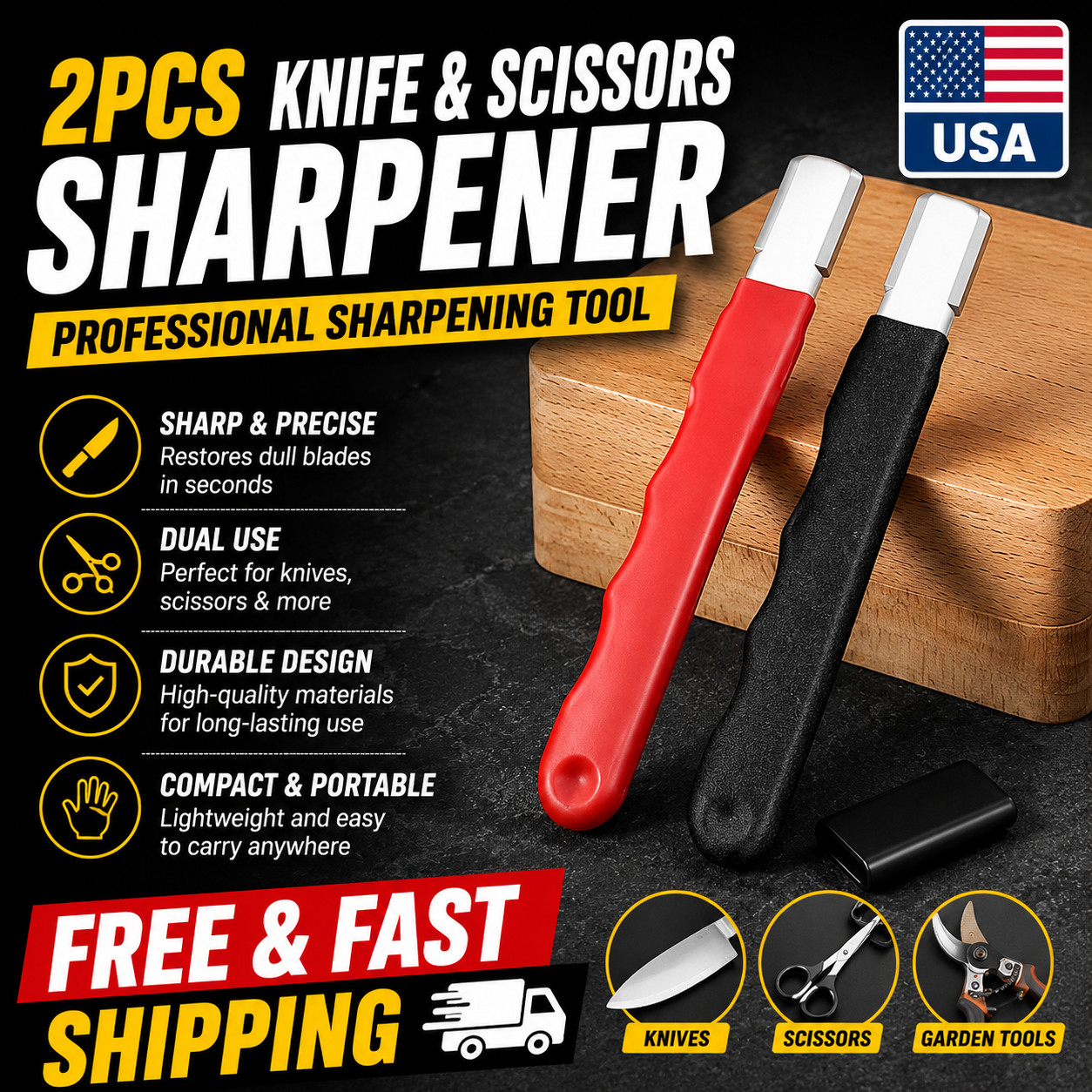 2Pcs Knife & Scissors Sharpener, Professional Kitchen & Garden Tool Sharpen