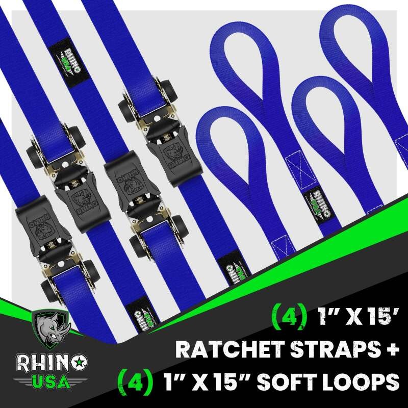 Rhino USA Medium Duty Ratchet Strap Tie-Down Pack (Blue) - RCHT-4PACK-BLU