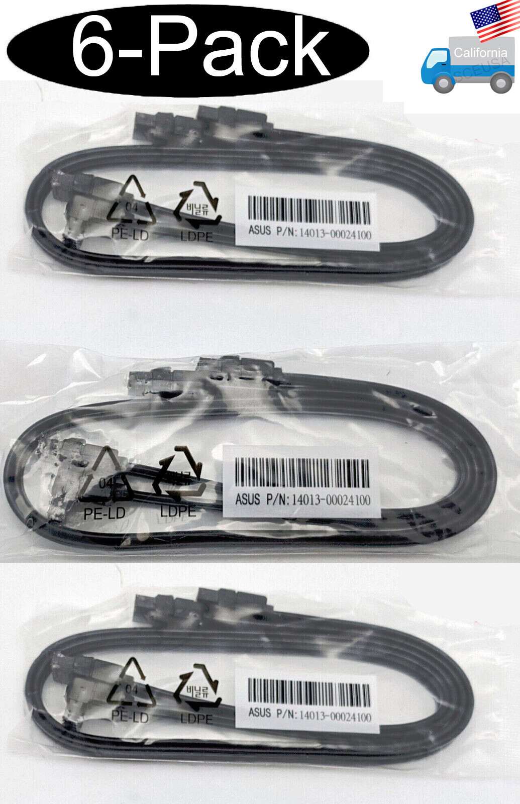 6-pack: NEW Genuine ASUS 19" SATA 3.0 6Gb/s 90-degree & Straight PC Data Cables