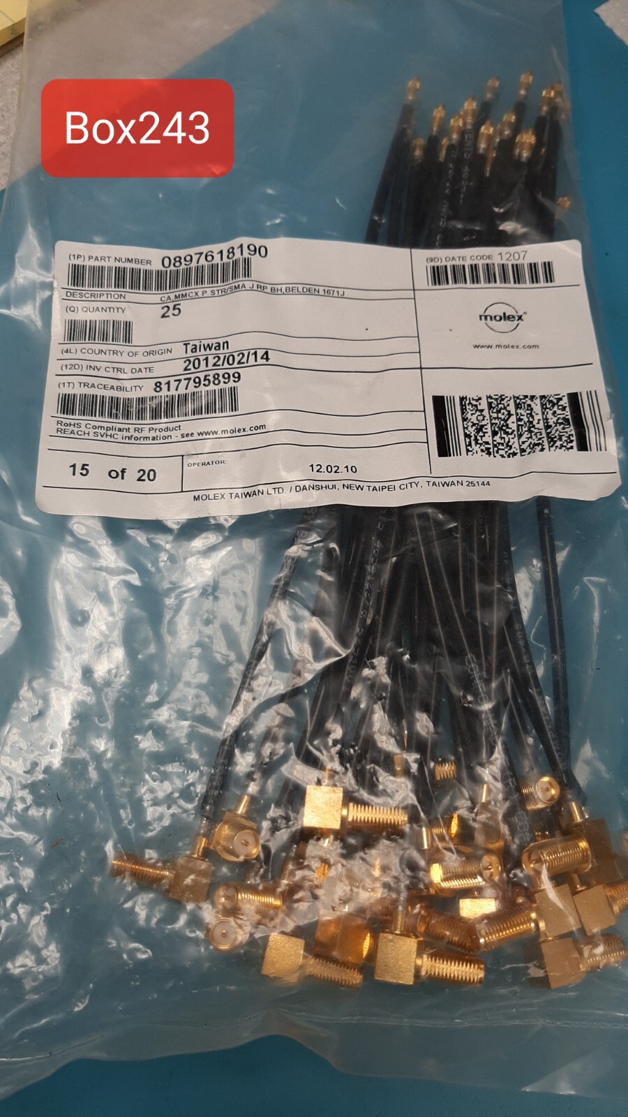 Cable ,MMCX P STXSMA J RP BH BELDEN 1671J P/N# 0897618190 Molex gold connectors