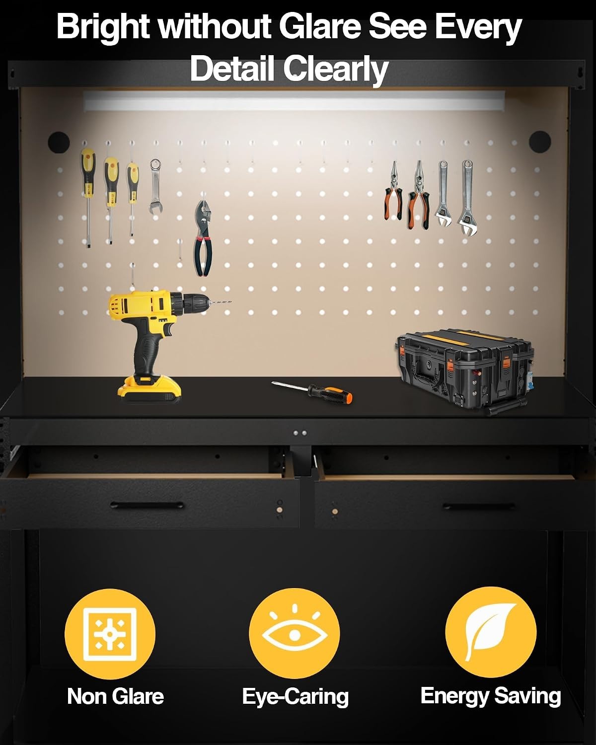 Organized Garage Workbench with Pegboard, 2 Drawers & USB Charging Ports