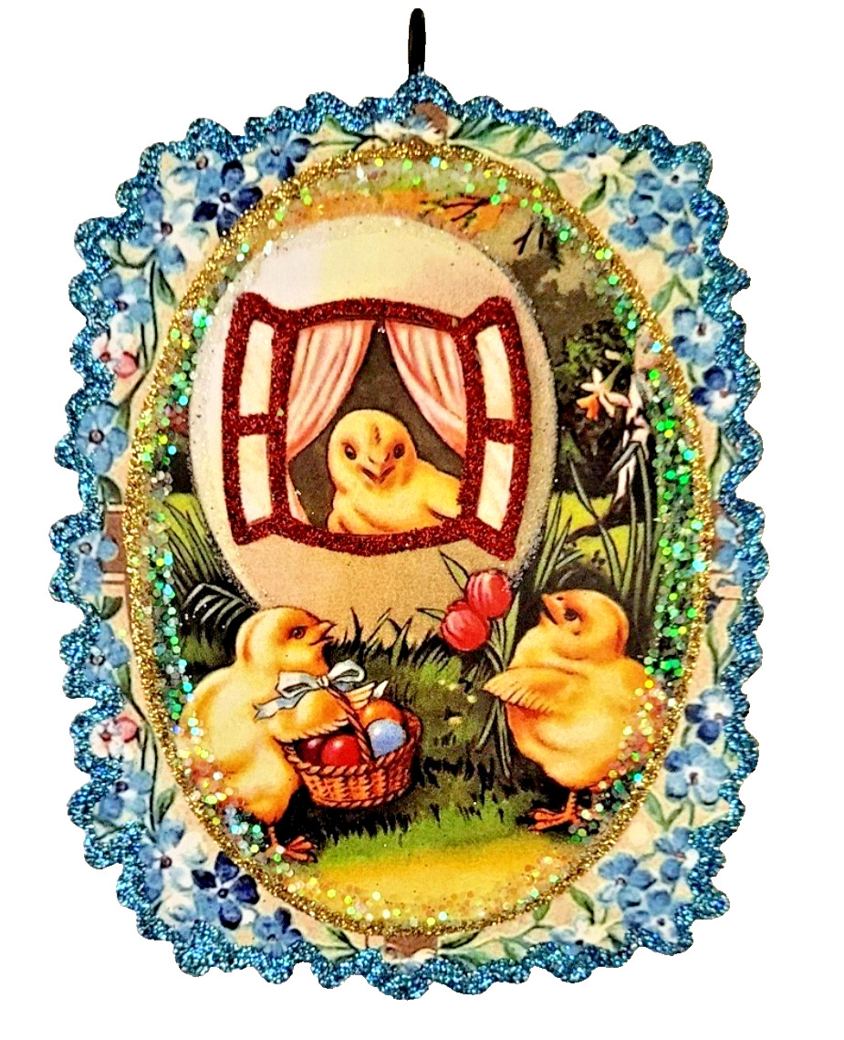 CHICKS w EGG HOUSE, BLUE FLOWER FRAME   *  Glitter  EASTER ORNAMENT  *  Vtg Img