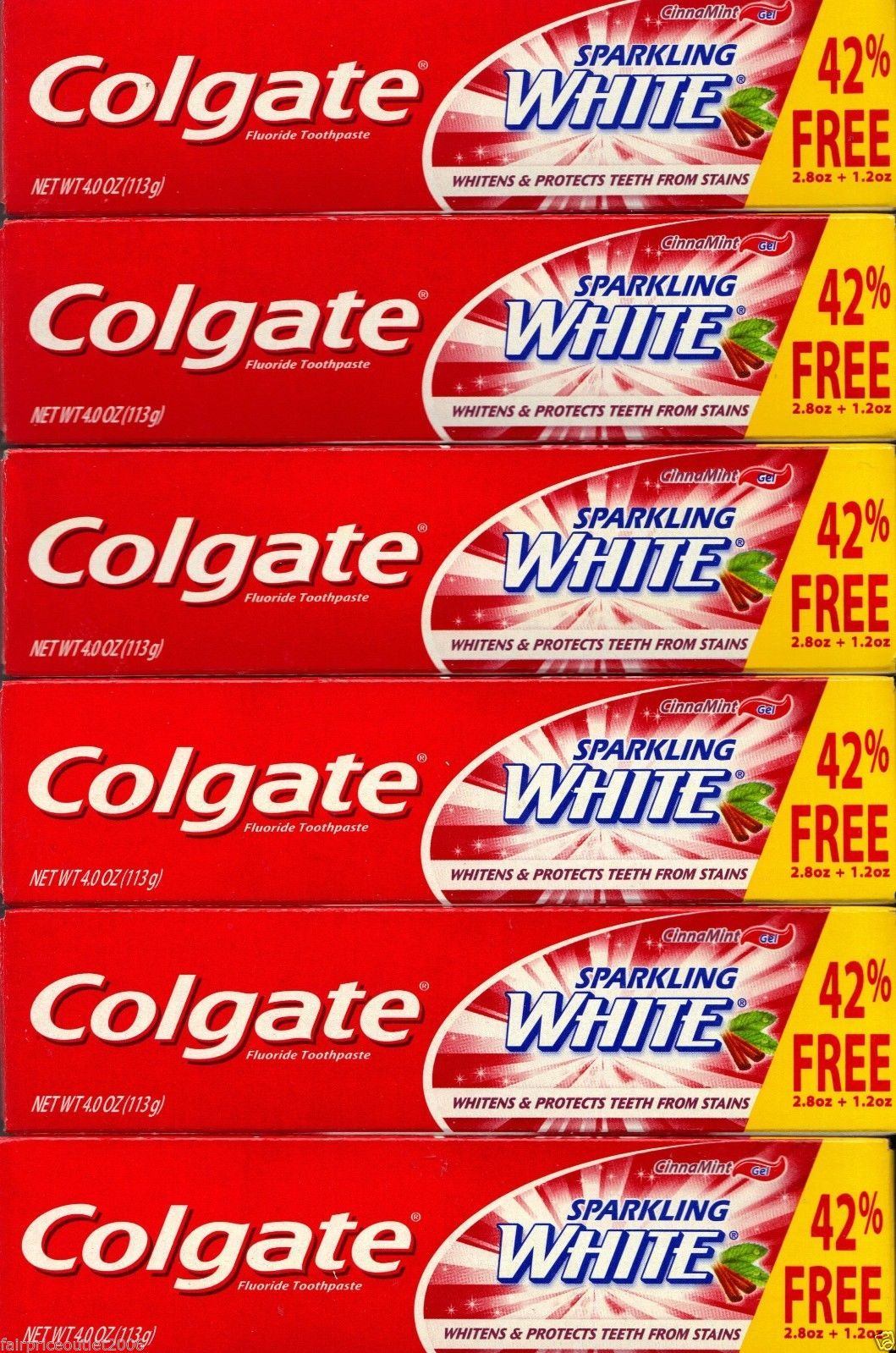 6 tubes - Colgate Sparkling White CinnaMint Gel toothpaste 4.0 oz(113g)