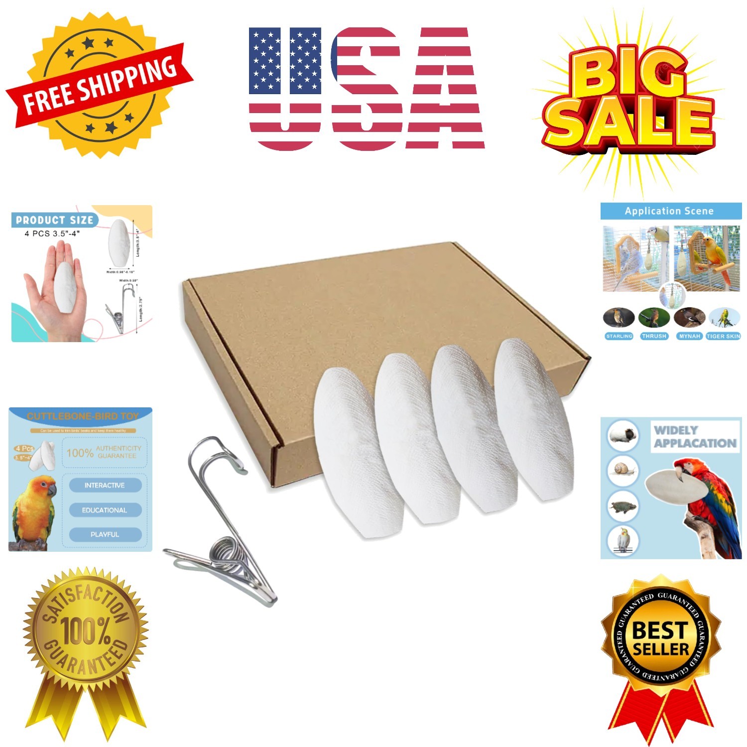 3.5"-4" Cuttlebone for Birds Parakeets, Cuddle Bone with Metal Clip, Cuttlefi...
