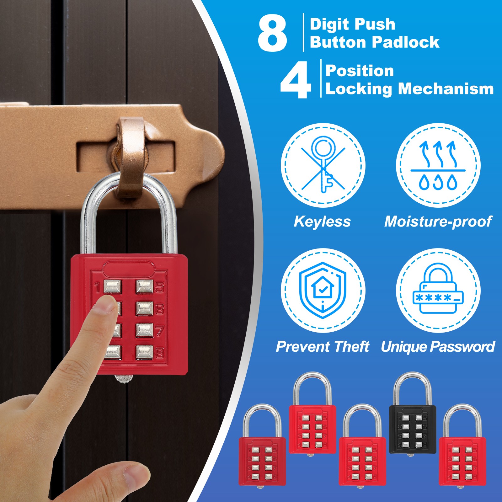 2Pcs Push Button Combination Padlock 8-Digit 4-Position Lock Red
