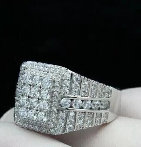 925 Sterling Silver Men's 3Ct Round Cut Lab-Created Diamond Cluster Wedding Ring
