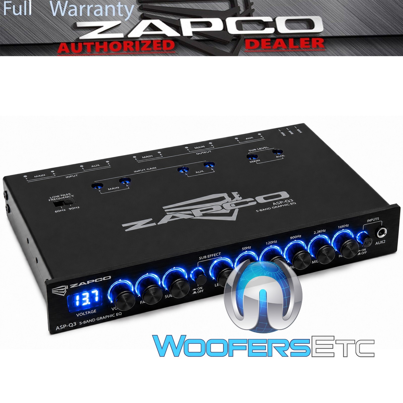 ZAPCO ASP-Q3 EQ 5 BAND VOLTAGE EQUALIZER AUX. 9 VOLT SUBWOOFER SPEAKERS PRE AMP