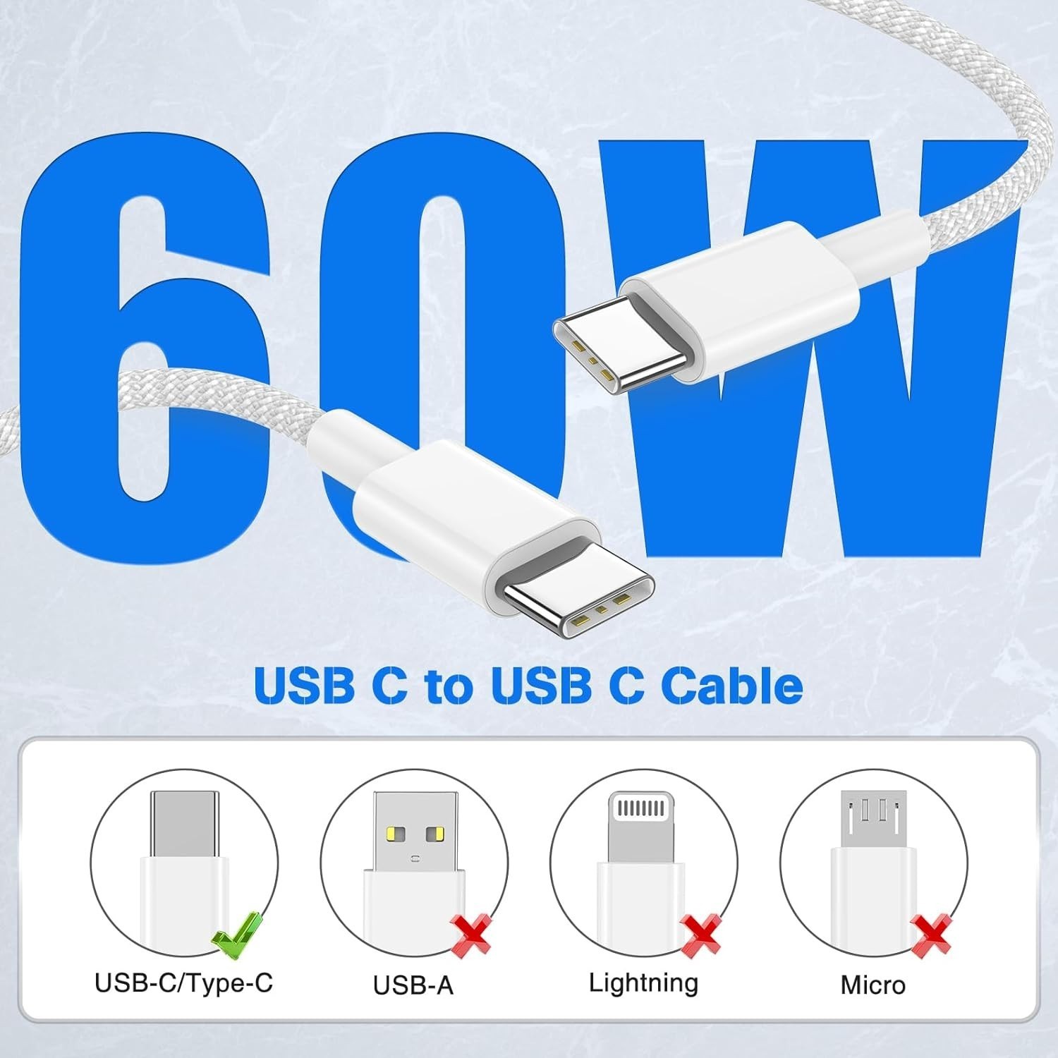 3FT USB-C to USB-C Braided 60W Fast Charging Cable For Samsung S25 S24 S23 Ultra