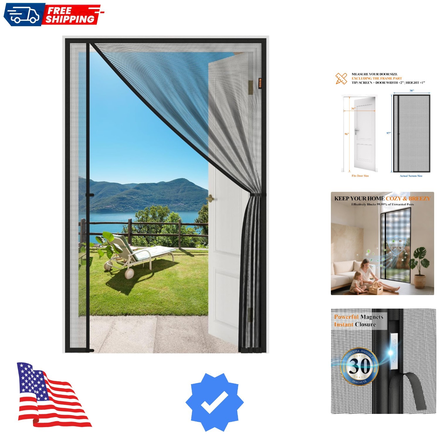 Magnetic Screen Door, Fits 36'' x 96'' DoorMesh Size 38'' x 97'', Reversible ...