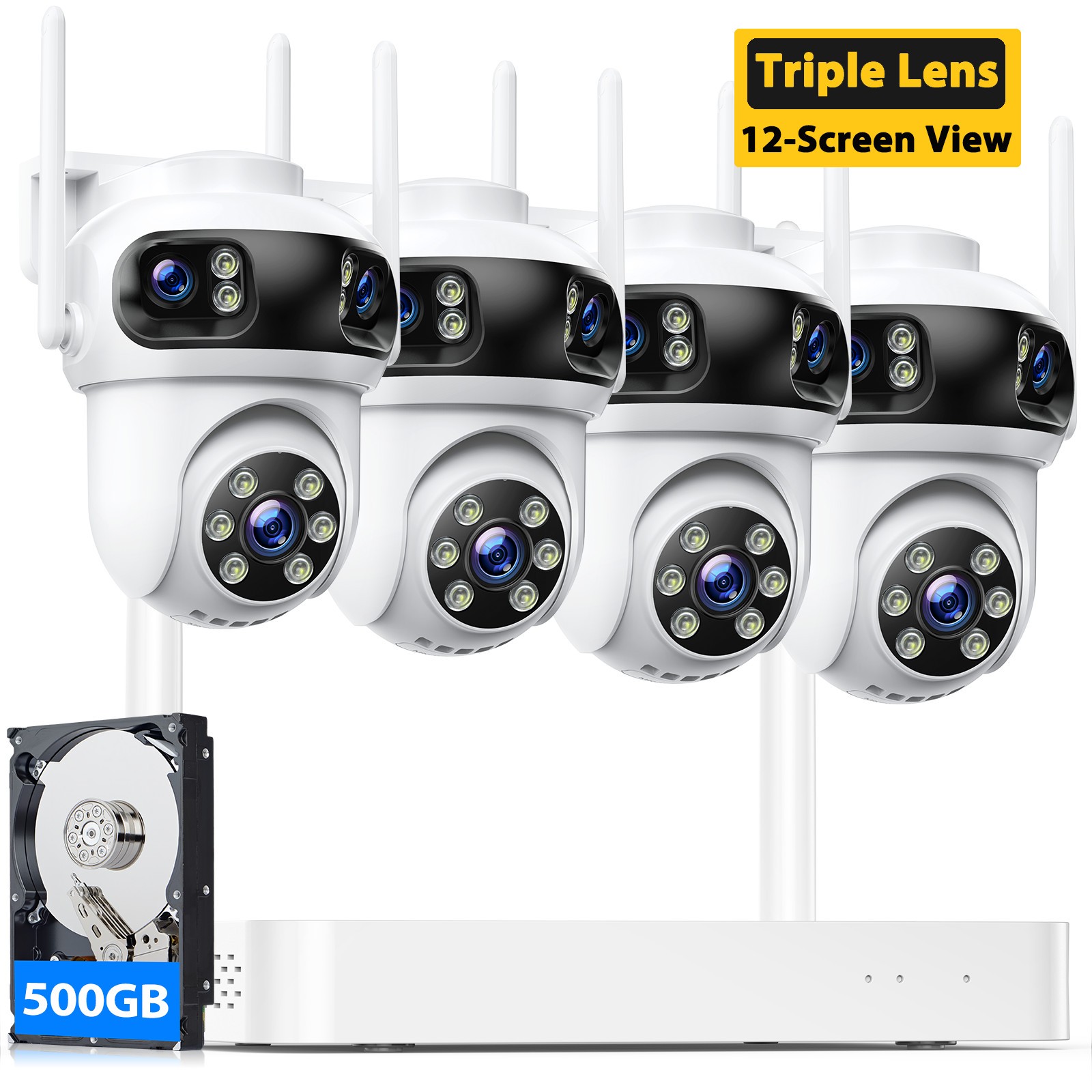 Outdoor Security Camera System 4 Cam 3K Wireless PTZ Auto Tracking Triple Lens