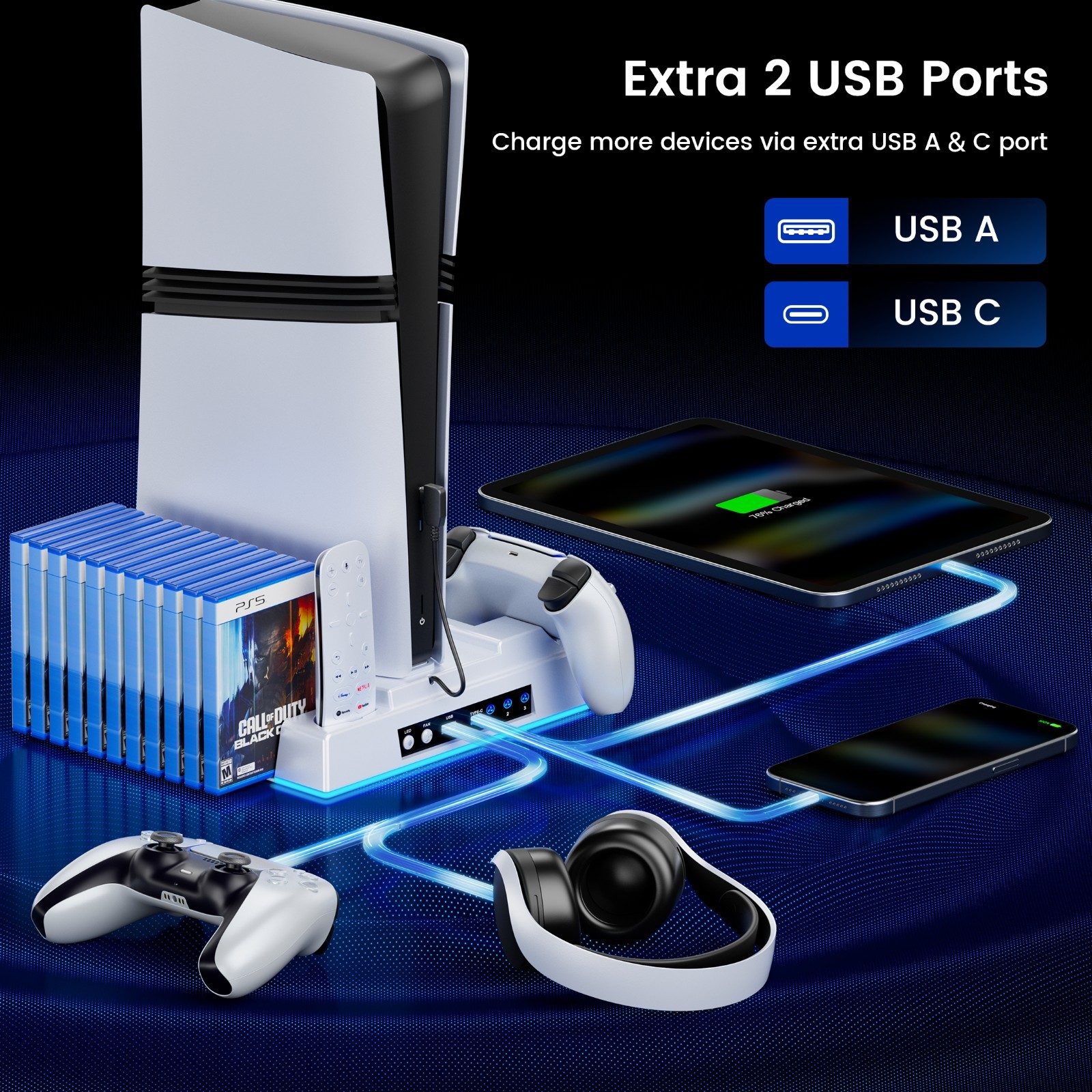 Vertical Cooling Stand for PS5/PS5 Pro/PS5 Slim,Dual Controller Charging Dock