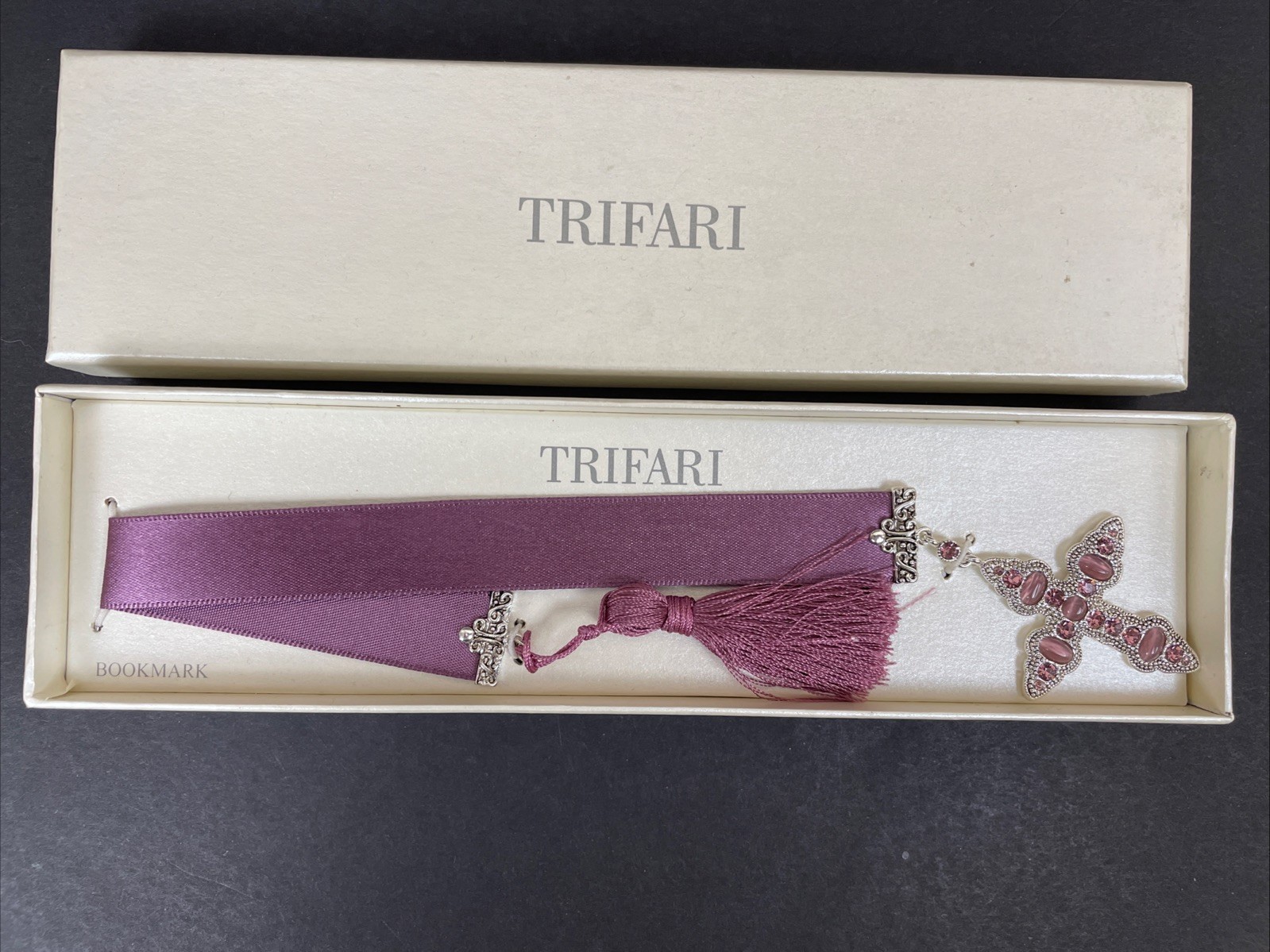 Trifari Purple Stone & Silver Tone Cross Velvet Bookmark Vintage New In Box