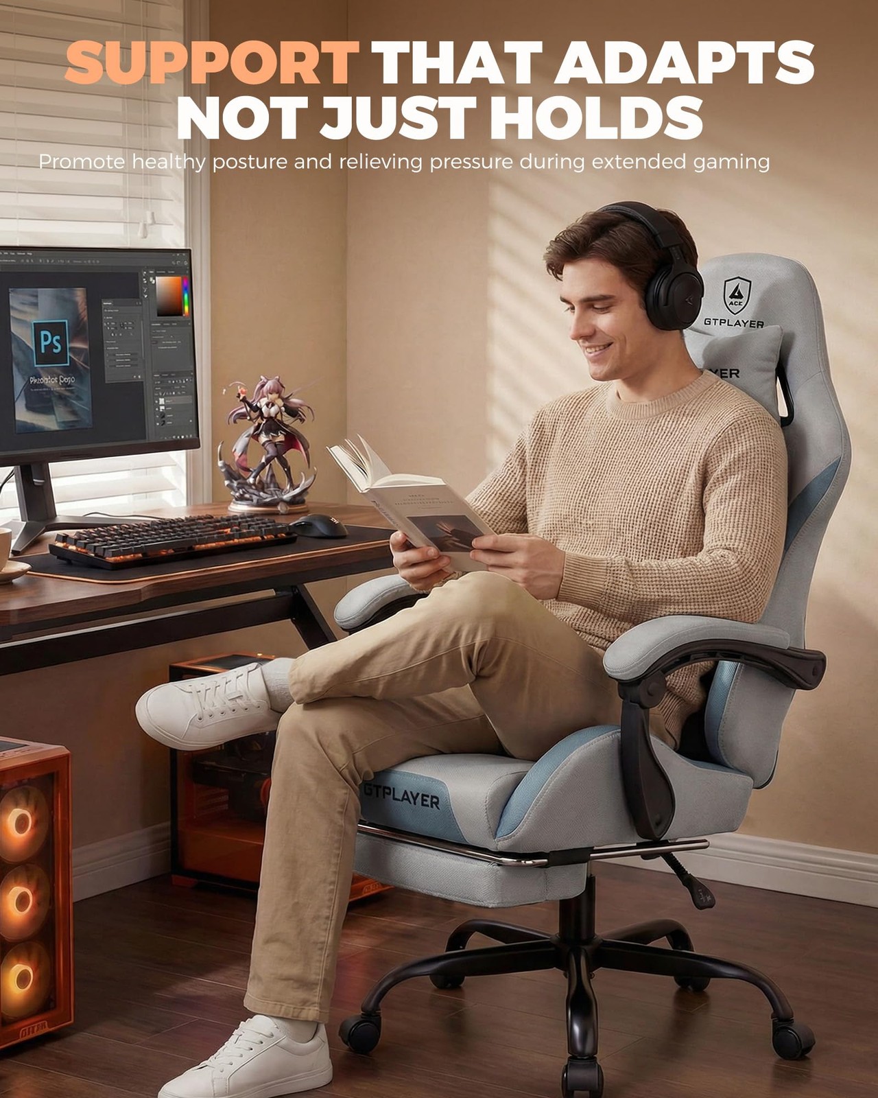 Gaming Chair with Foot Rest & Pocket Spring Cushion, Ergonomic High Back Comp...
