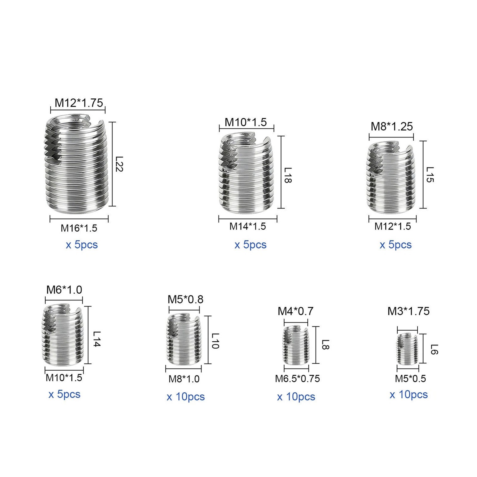 50PCS Self-Tapping Thread Inserts Set M3 to M16 Stainless Steel For Workshop Use