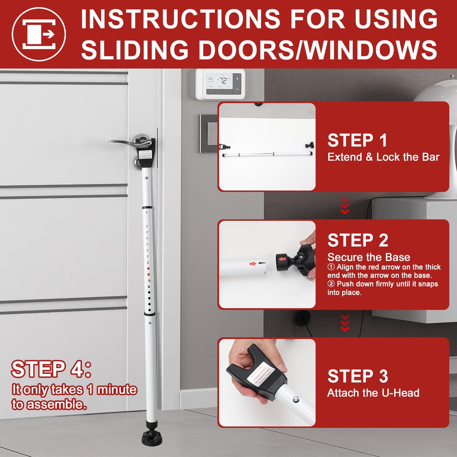Door Security Bar, 3-in-1 Double Spring Lock, Heavy Duty, Adjustable 36"-47.5"