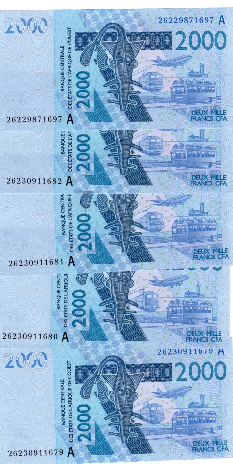 WEST AFRICAN STATES LOT 5x 2000 FRANCS 2026 COTE IVOIRE  P 116. UNC. 6RW 12JUN