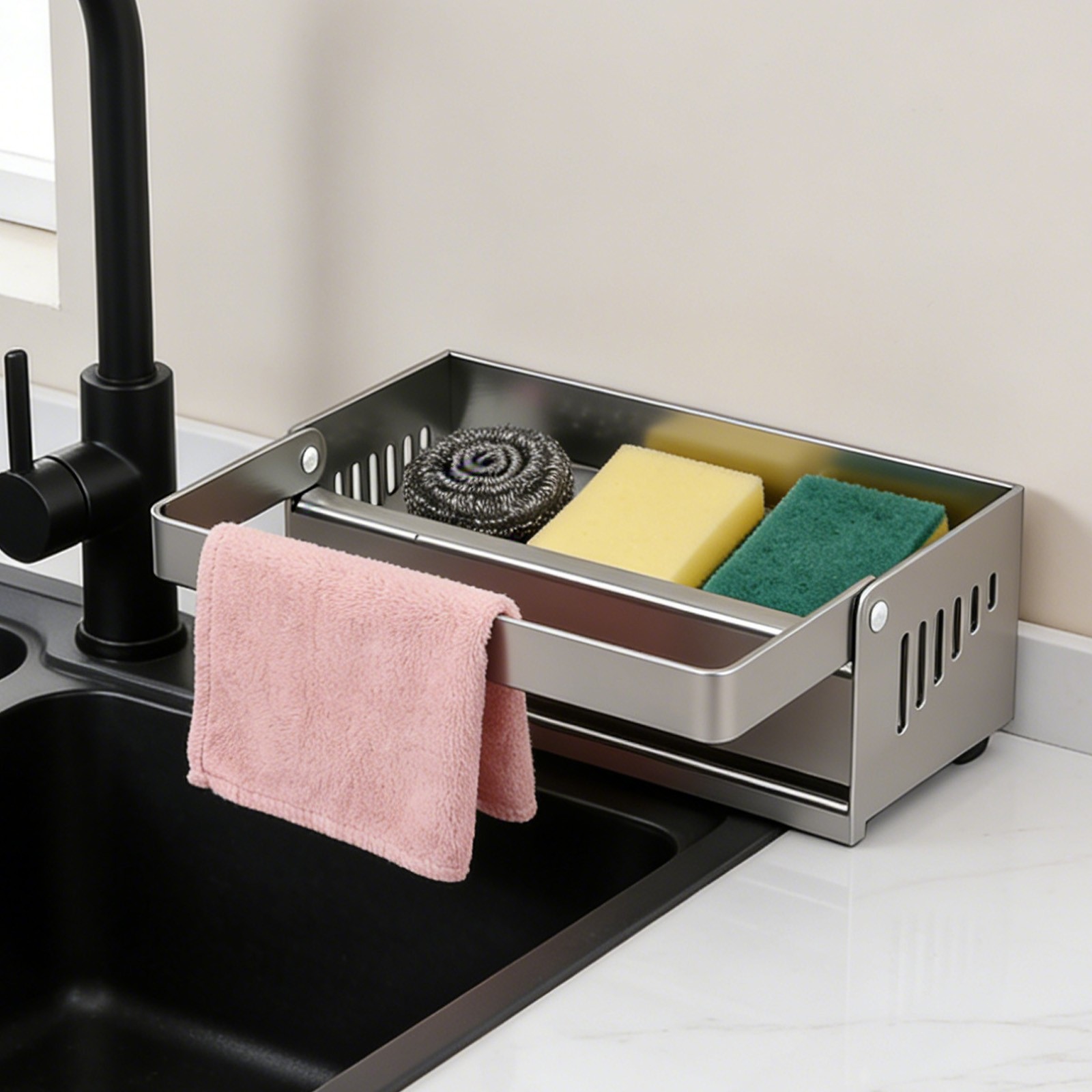 Kitchen Sink Sponge Holder, Kitchen Sink Storage Organizer with Suction Cups
