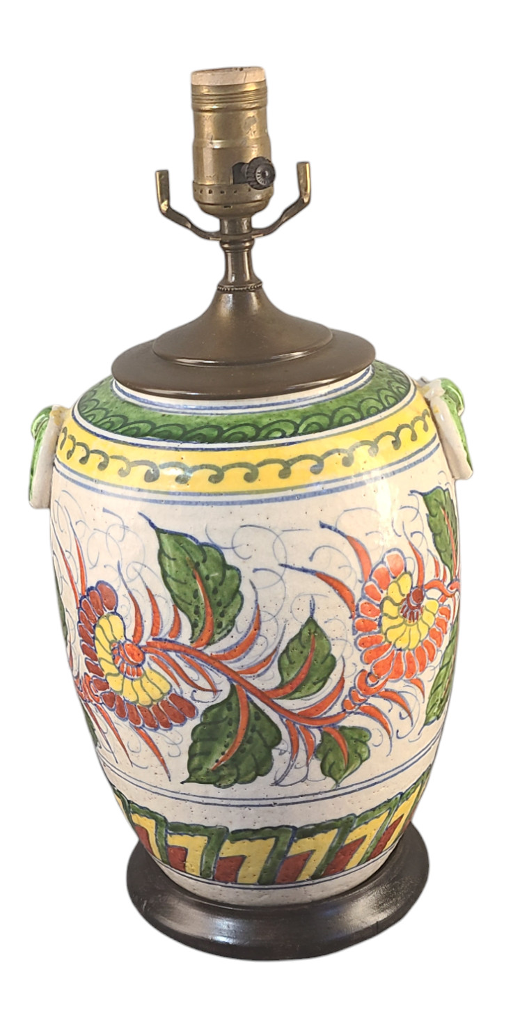 ANTIQUE PRE-WAR JAPAN HAND PAINTED FLORAL POTTERY TABLE LAMP SIGNED