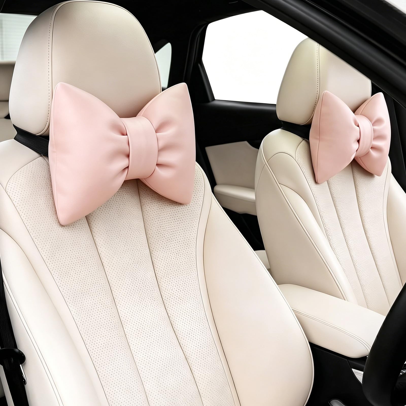 Macarrie 2 Pack Bow Car Headrest Pillows PU Plush Neck Pillows for Travel Bow...