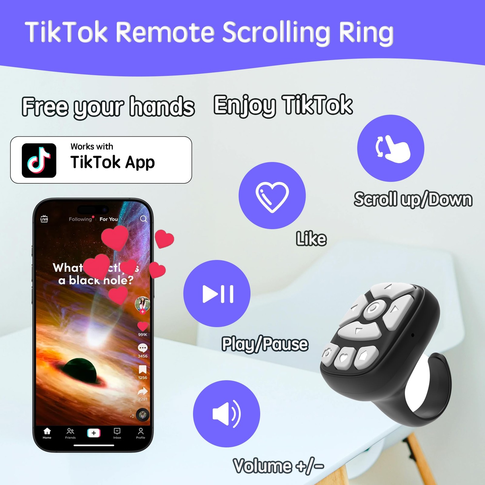 TikTok Scrolling Ring – 8-Button Finger Tip Wireless Remote, with Camera Remo...