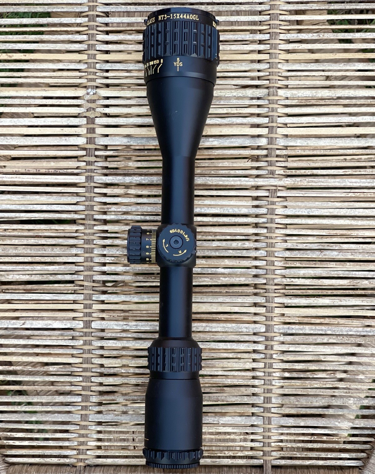NT3-15X44 AOGL Rifle Scope Glass Etched R/G/B Illuminated Reticle Elevation Lock