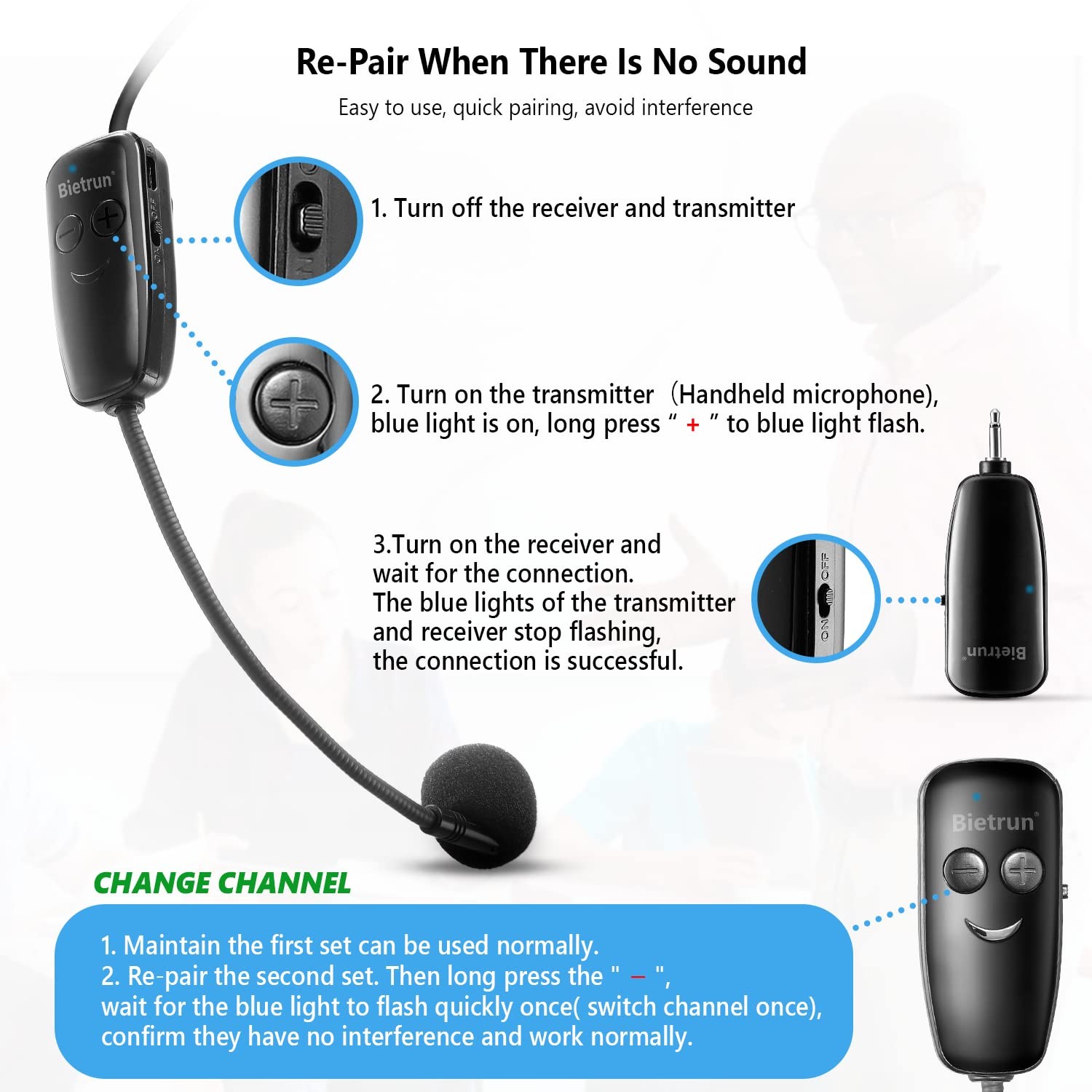 Bietrun Wireless Microphone Headset, UHF Headset Mic Small, Black A