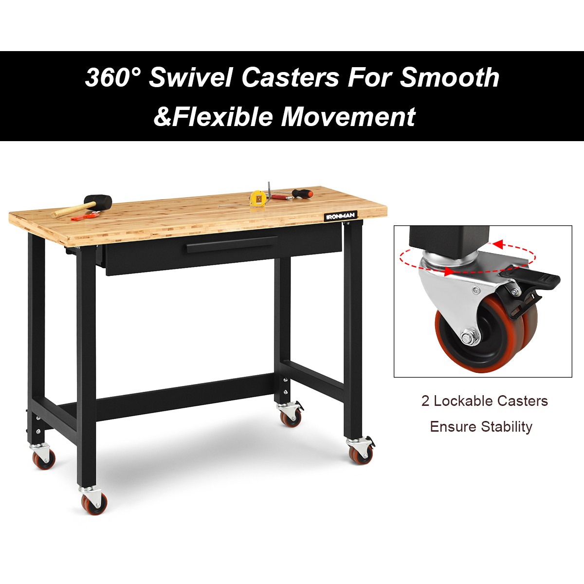 48 Inch Mobile Workbench Bamboo Top Modern w/Rubber Wheels and Organizer Drawer