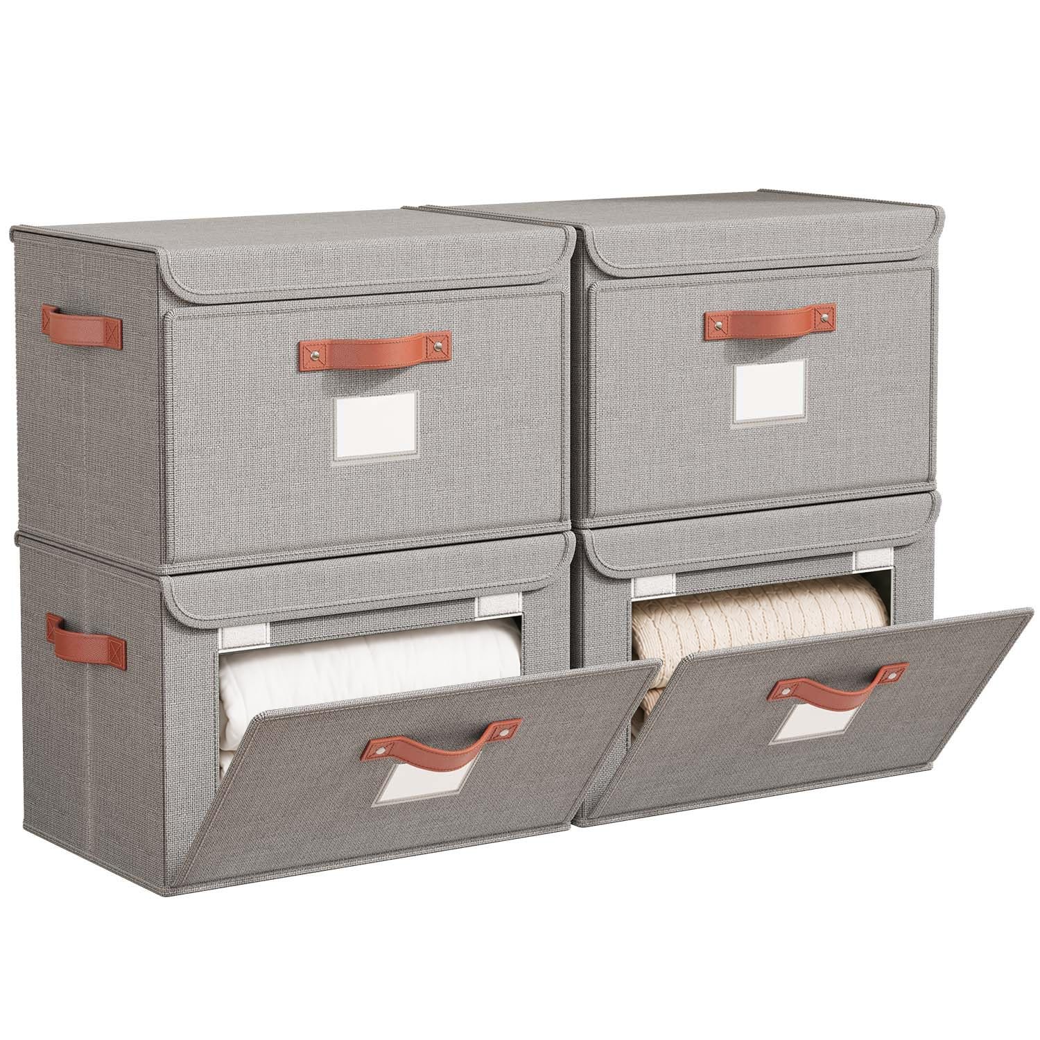 4 Pack Storage Bins with Lids, Large Closet Storage Bins with Handles, Stacka...