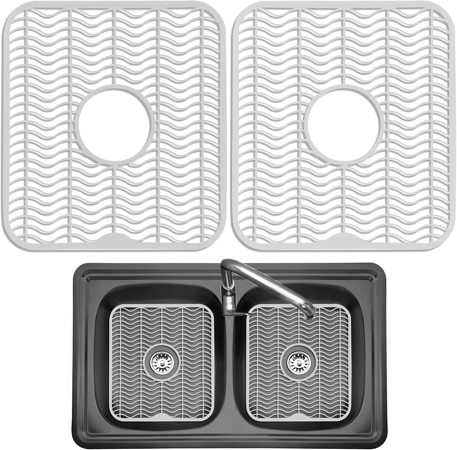 2 Pc Kitchen Sink Protector Mat, 12x11in, Plastic Grid, White