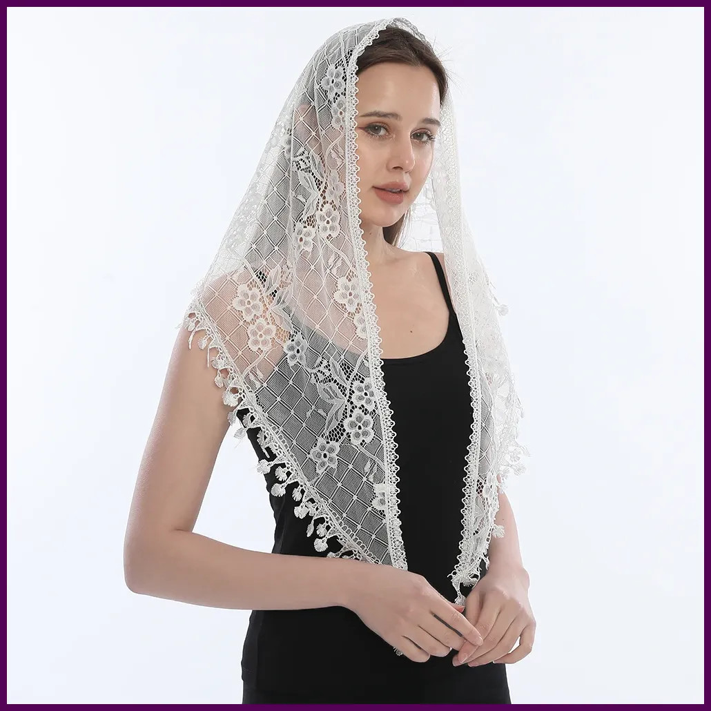 Women Lace Church Veil Shawl White Embroidered Mantilla Scarf Hijab