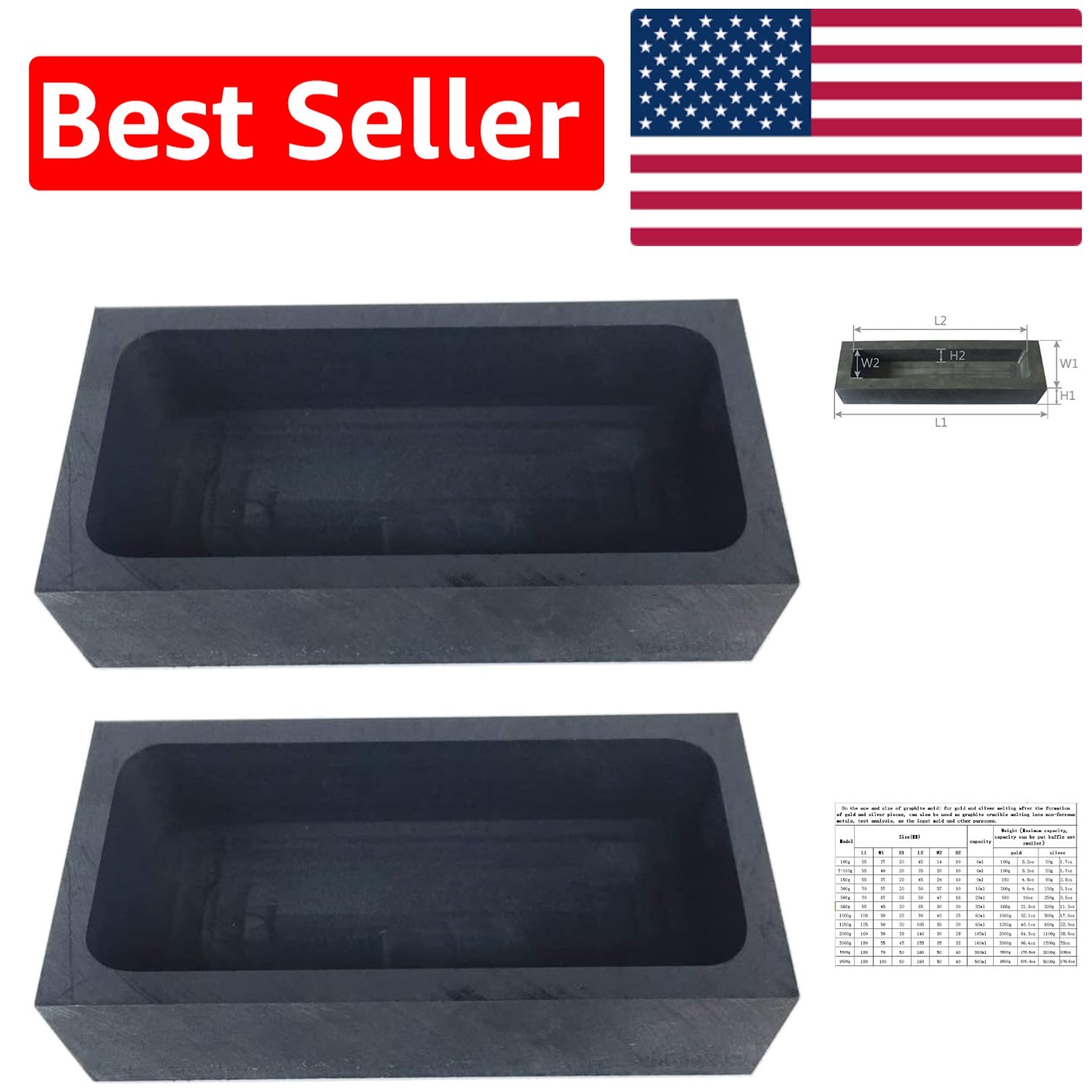 Versatile 2pcs Graphite Mold for Melting, Casting & Refining Non-Ferrous Metals