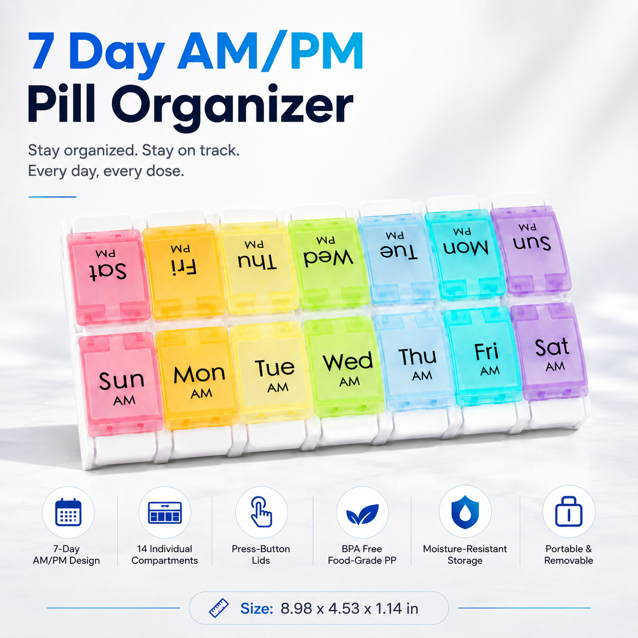 Colorful 7 Day AM PM Pill Case, Weekly Organizer for Pills Vitamins Capsules 1PK