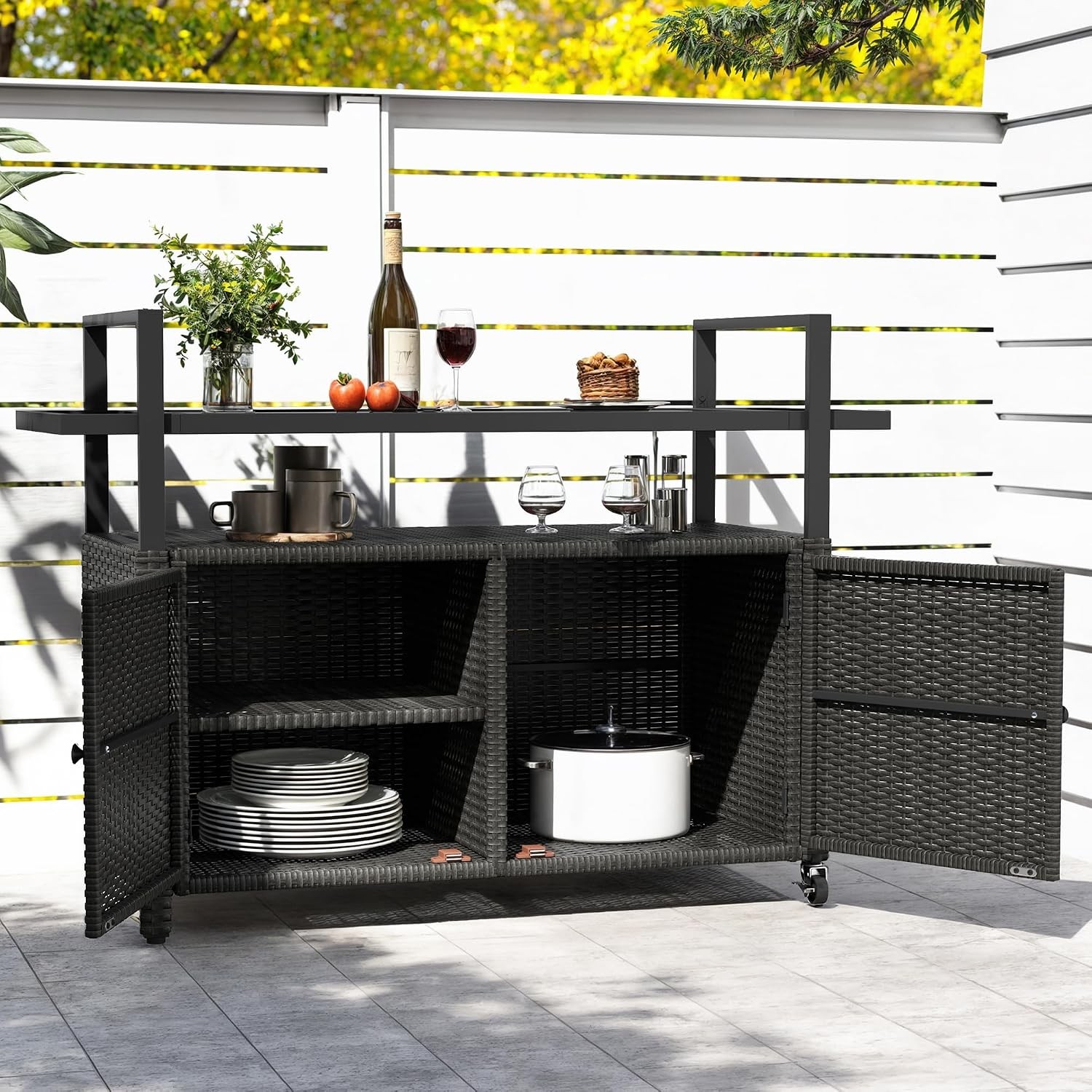 Black Rattan Patio Storage Outdoor Kitchen Island Bar Table with Glass Top and