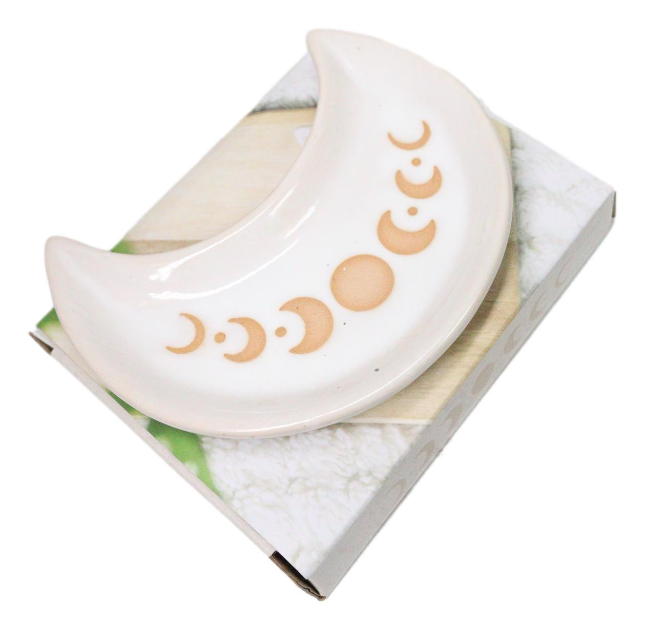 Cream White Porcelain Wicca Moon Phase Crescent Trinket Jewelry Dish Tray 5"L