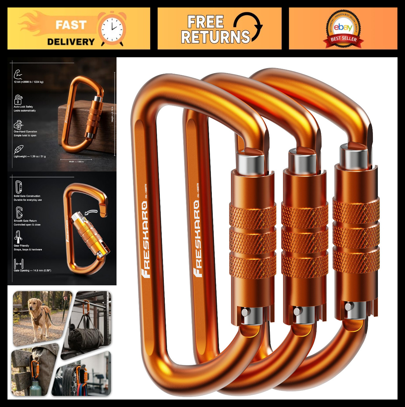 Heavy Duty 3" Auto Locking Carabiner Clips - 12kN 2698lbs, Lightweight Aluminum,
