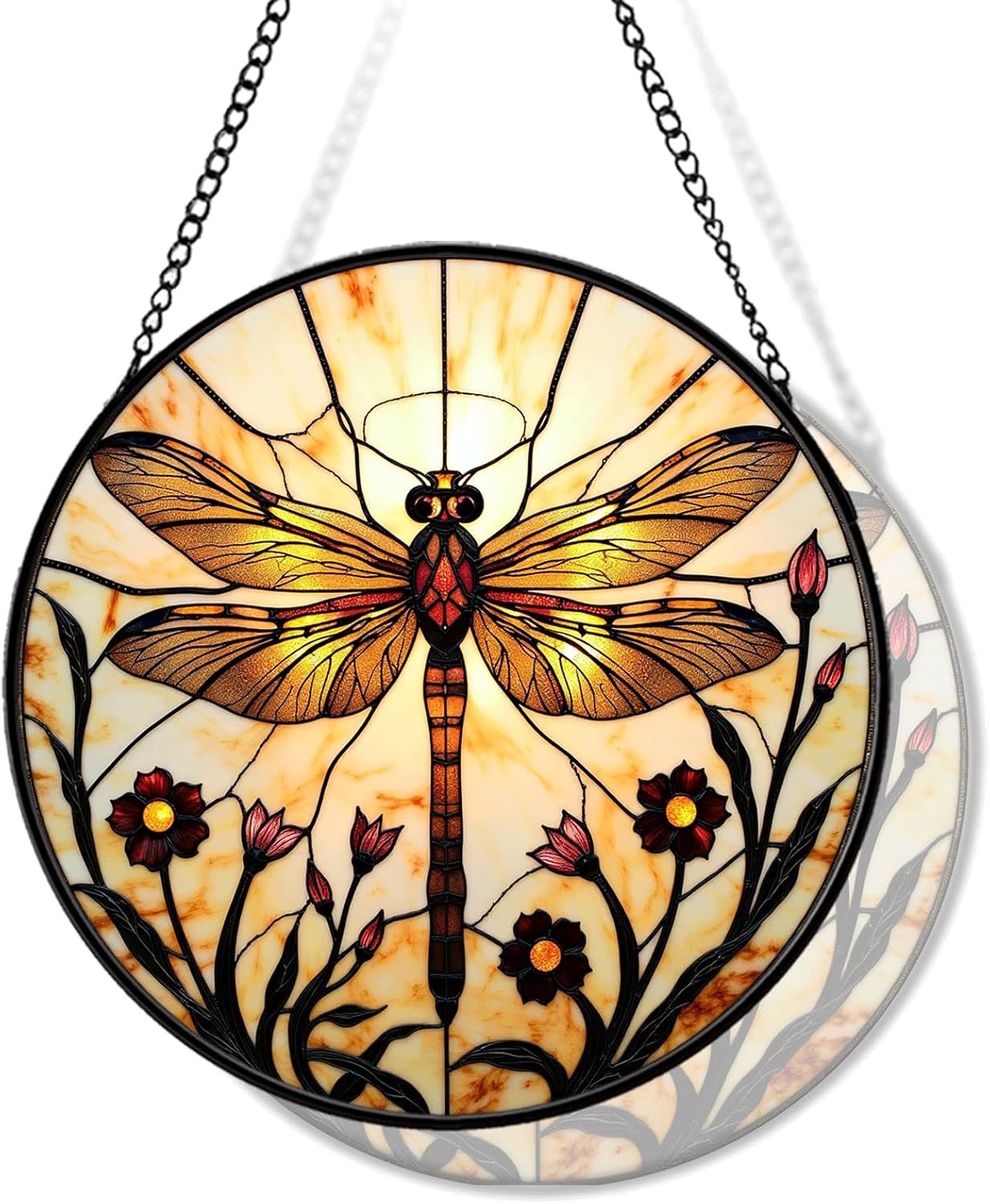 Stained Glass Dragonfly Window Hanging 7.9'', Floral Suncatcher Holiday Decor