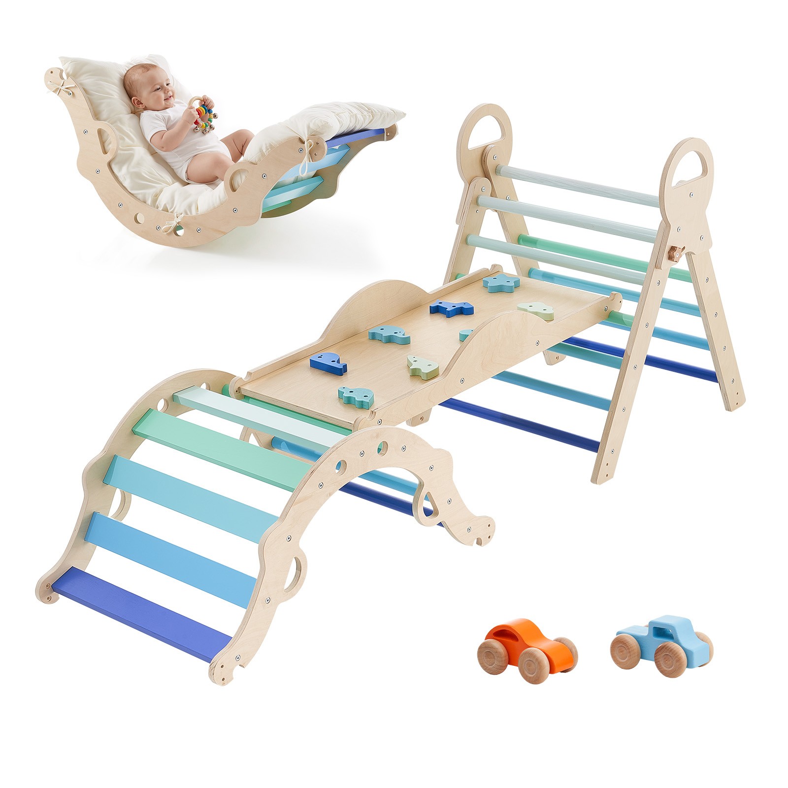 Uimoso 9-in-1 Toddler Climbing Set with Wooden Cars - Blue