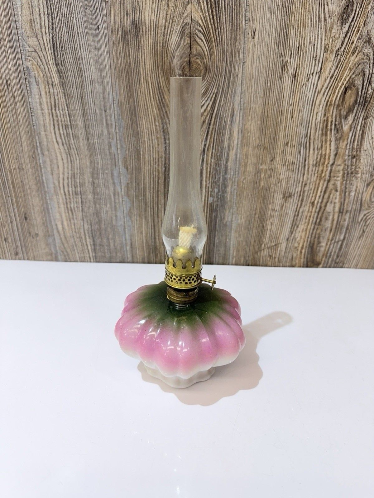 Antique  Miniature Oil Lamp  Artichoke Lamp Base White  Mauve & Green #3184