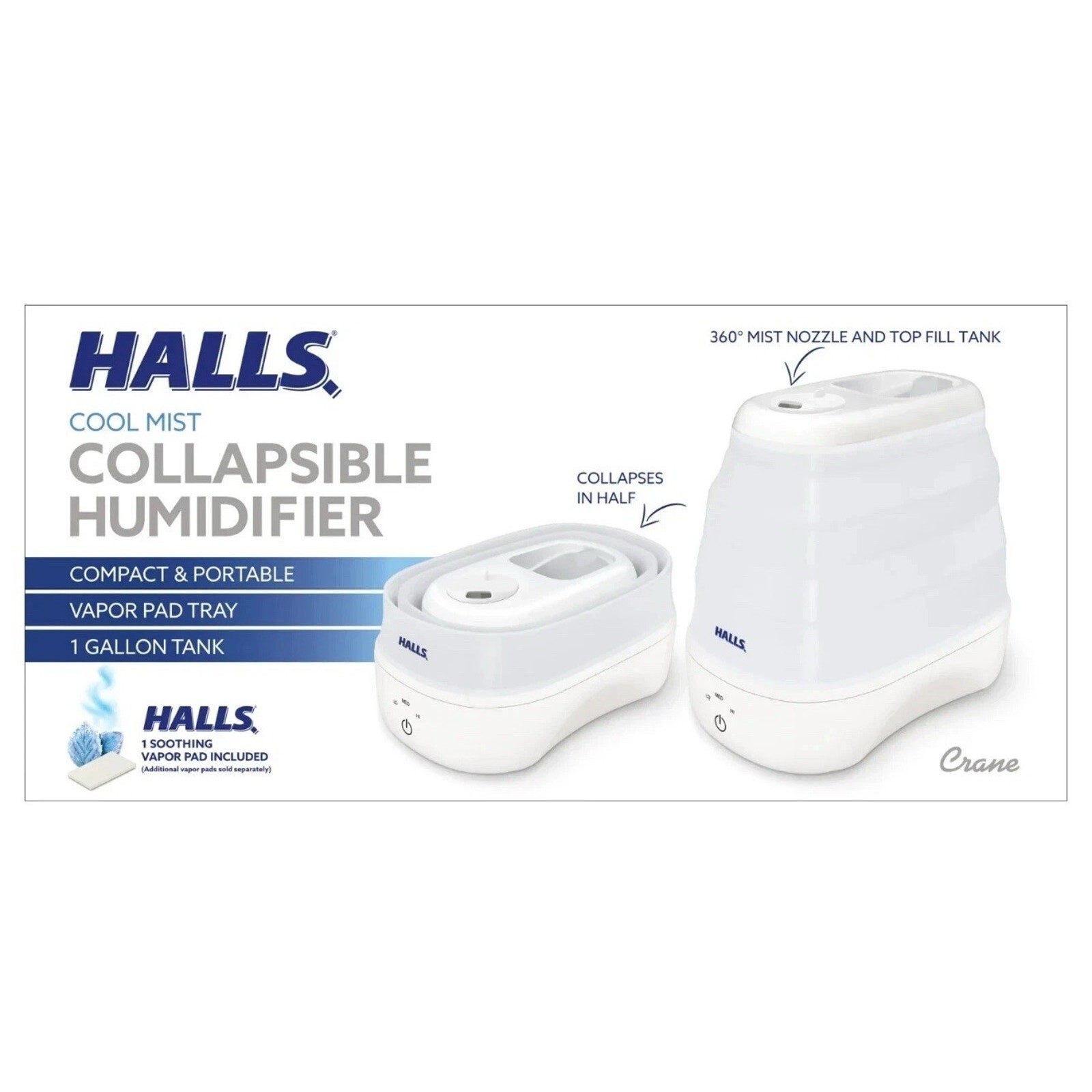 Crane x Halls Collapsible Cool Mist Humidifier 3.5L/1 Gallon (Returned Item)
