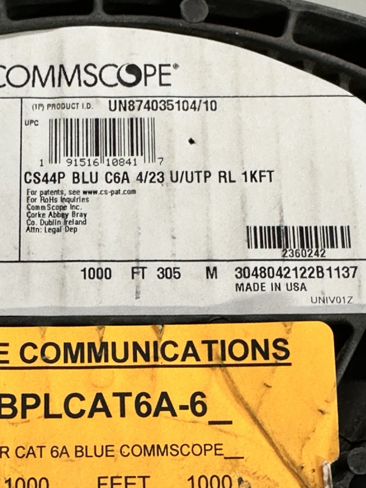 CommScope CS44P Cat6A Plenum Cable Blue U/UTP 23AWG Solid Copper 1000ft Reel CMP