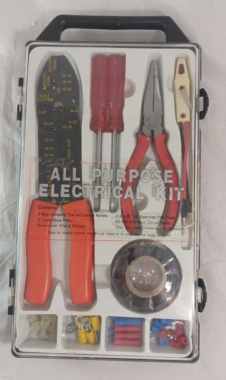 All Purpose Electrical Kit Crimping Tool Tape Connectors Pliers Screwdrivers