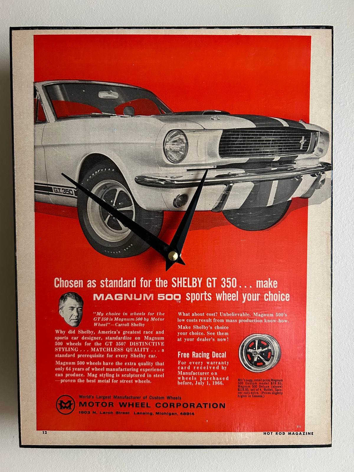 Vintage 1965 1966 Ford Shelby Mustang GT 350 500 Original Magazine Ad Wall Clock
