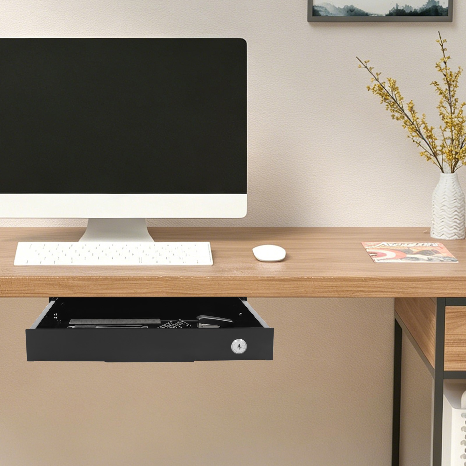 Under Desk Sliding Pull-Out Drawer Organizer - Space Saver with Lock