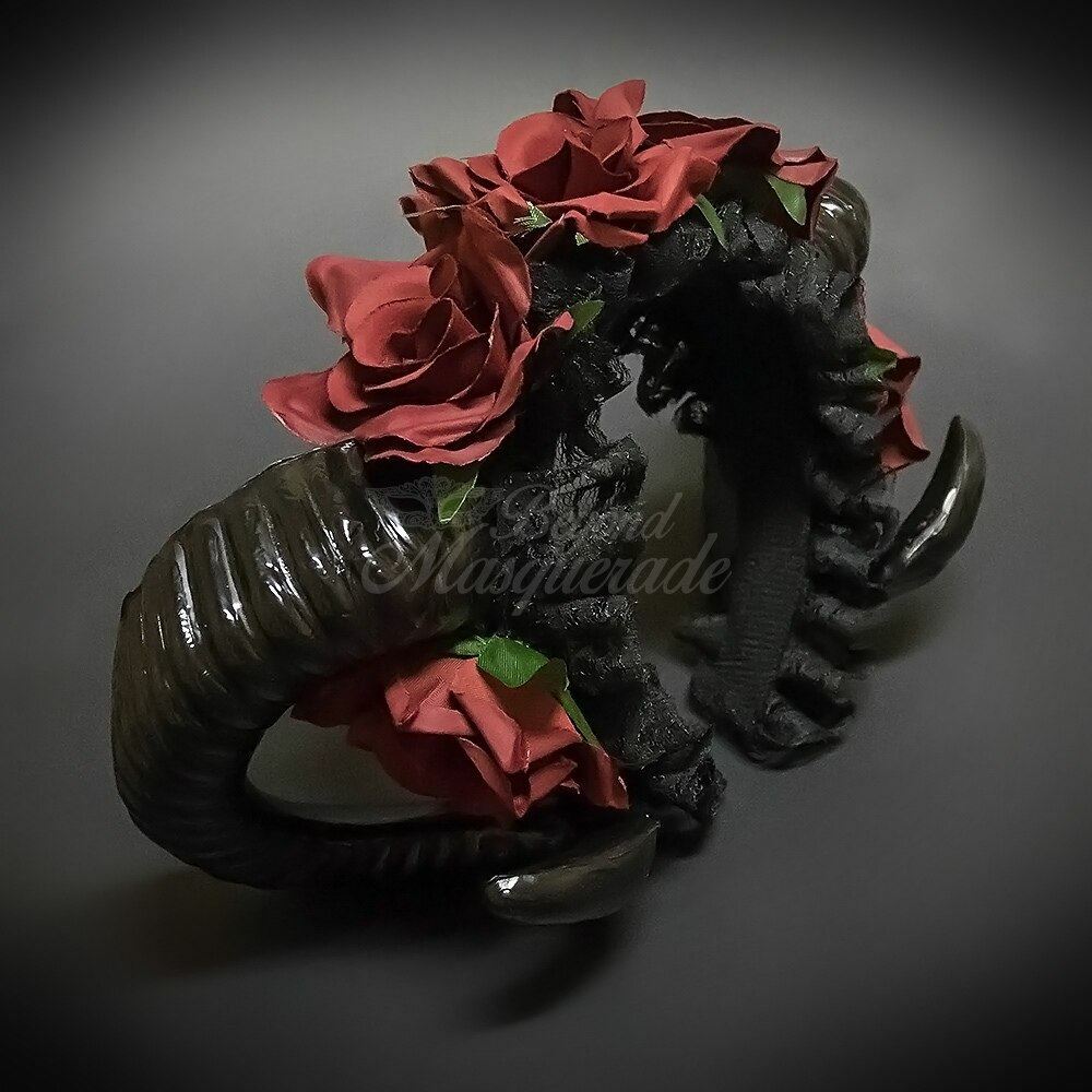 Ram Headband Black Horns Red Roses