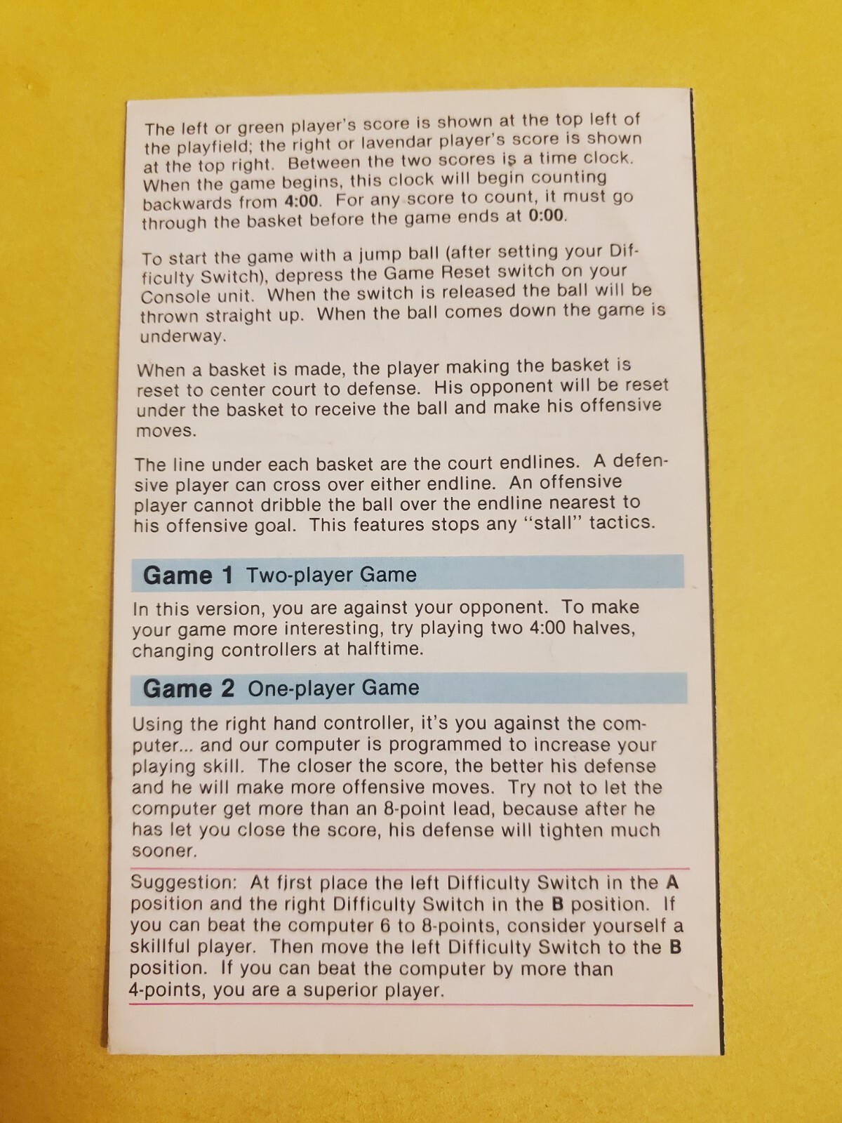 Atari Basketball program /manual