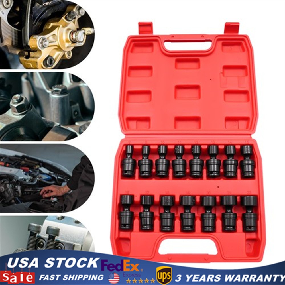 3/8" Drive Shallow Impact Universal Joint Socket Set, 15-Piece Swivel Socket Set